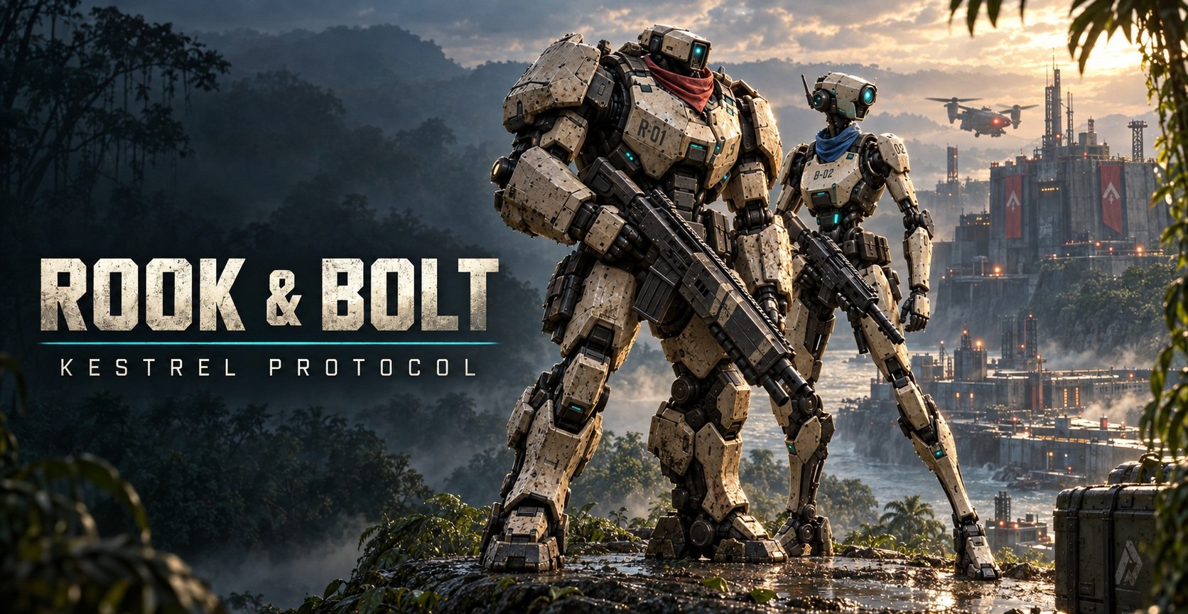 Rook in a red scarf and Bolt in a blue scarf survey a jungle fortress beneath the Rook and Bolt title.